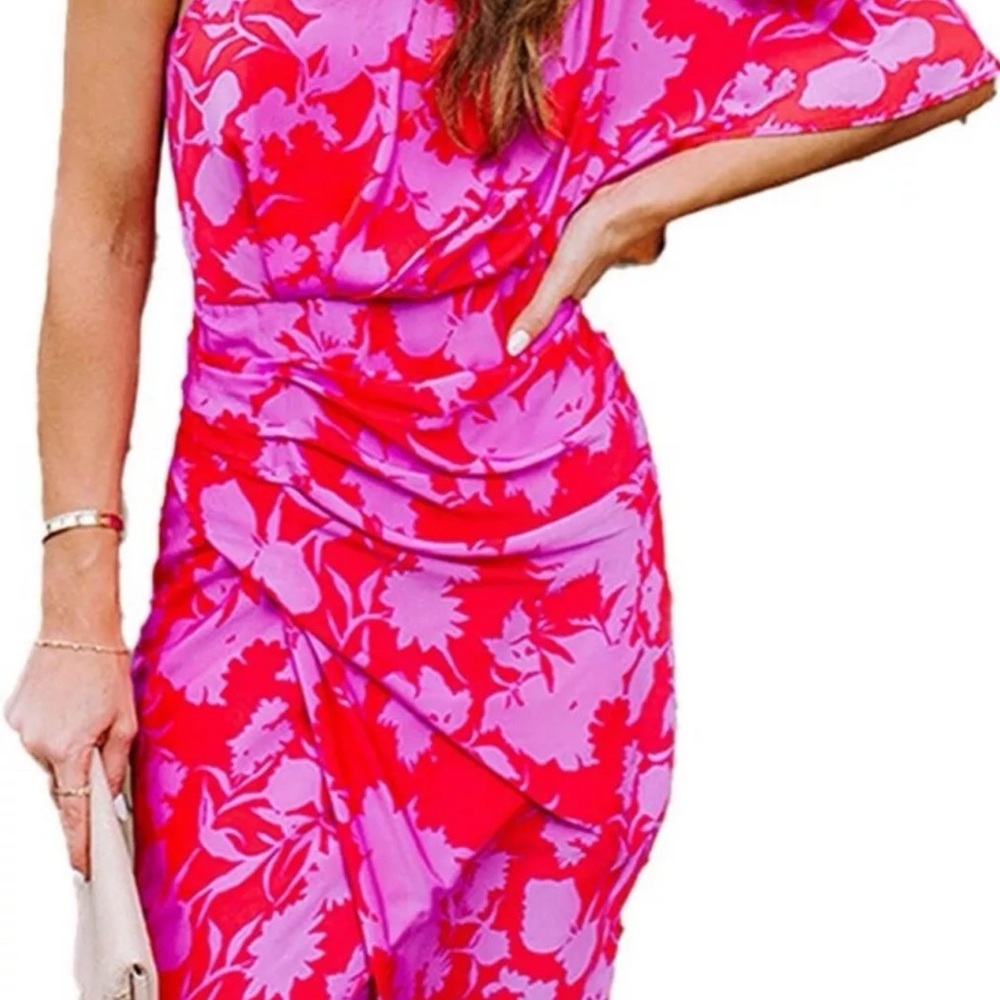 Floral Pink and Red One-Shoulder Dress